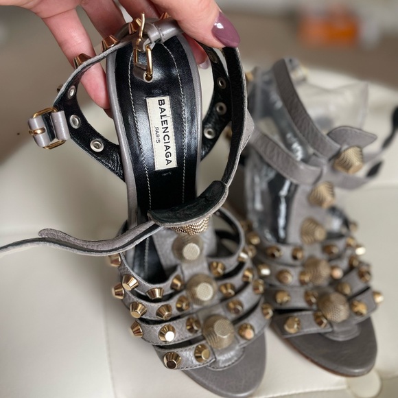 Balenciaga Gray Leather Arena Studded Gladiator Wedge Sandals in size 38 - Picture 1 of 6